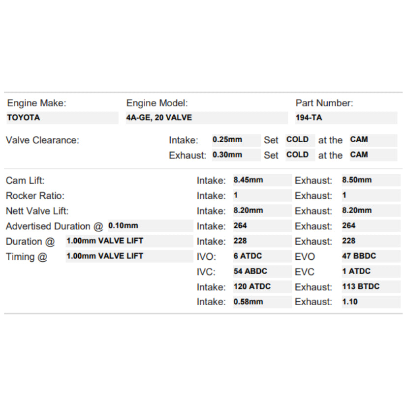 Kelford Cams 264/264 Road Performance Cams Toyota 4A-GE 20V Turbo