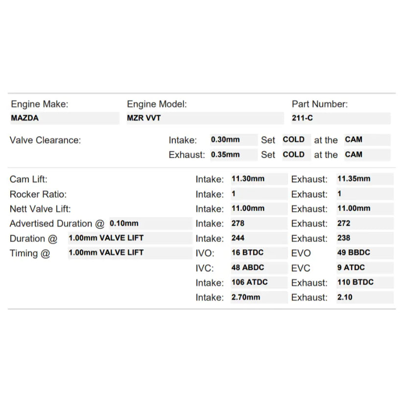 Kelford Cams 278/272 Race Cams Mazda MZR 2.0l LF-VE NA