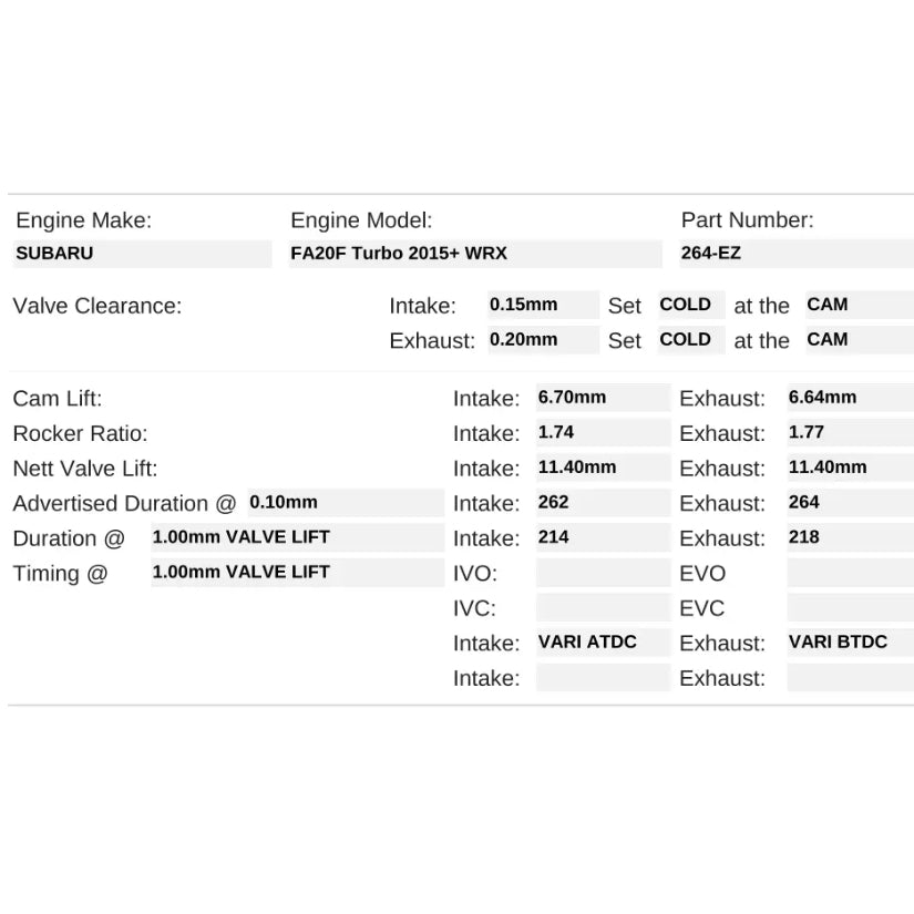 Kelford Cams 262/264 EZ Power Drop-In Cams Subaru FA20F WRX 15+