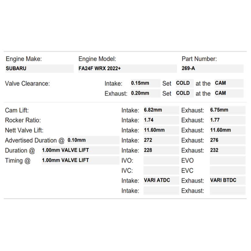 Kelford Cams 272/276 Performance Cams Subaru FA24 WRX 22+