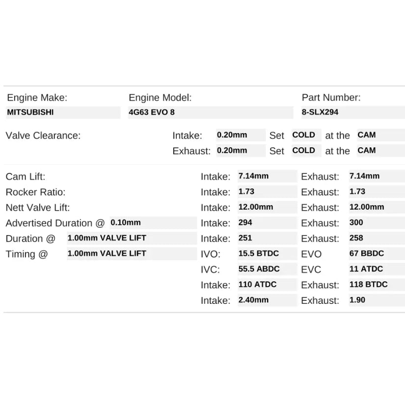 Kelford Cams 294/300 Performance Drag Race Cams Mitsubishi 4G63 EVO 8 Solid Lifter