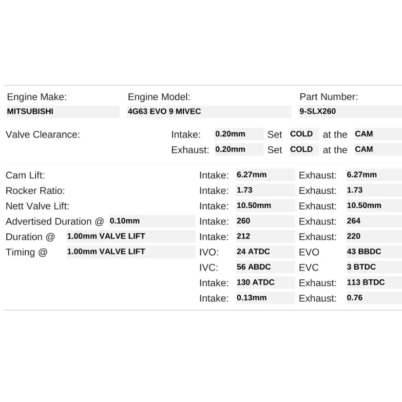 Kelford Cams 260/264 Performance Cams Mitsubishi 4G63 EVO 9 Solid Lifter