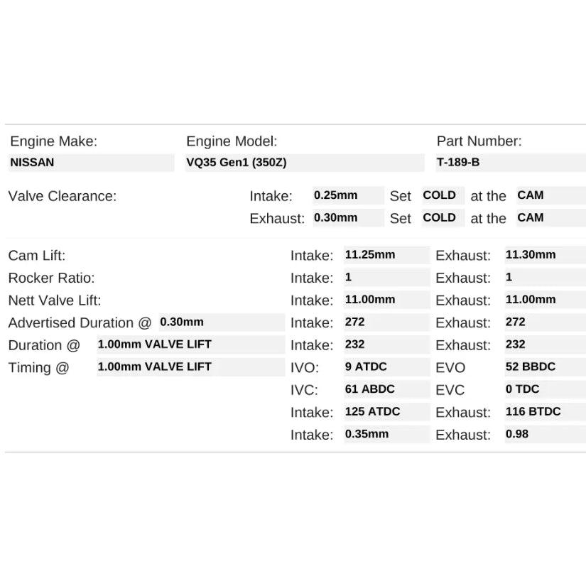 Kelford Cams 272/272 Stage 2 Race Cams Nissan Turbo VQ35 Gen 1 350Z