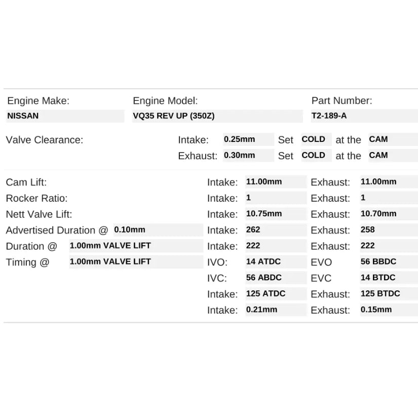 Kelford Cams 262/258 Stage 1 Road Cams Nissan Turbo VQ35 REV UP 350Z
