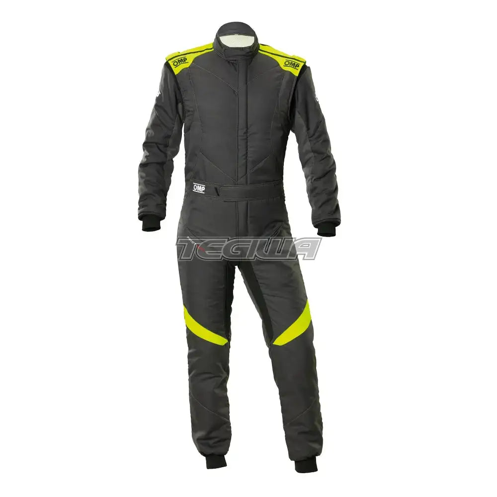 OMP First Evo my2025 Overall FIA 8856-2018 Antracite / Fluorescent Yellow / EU Size 42 Suits