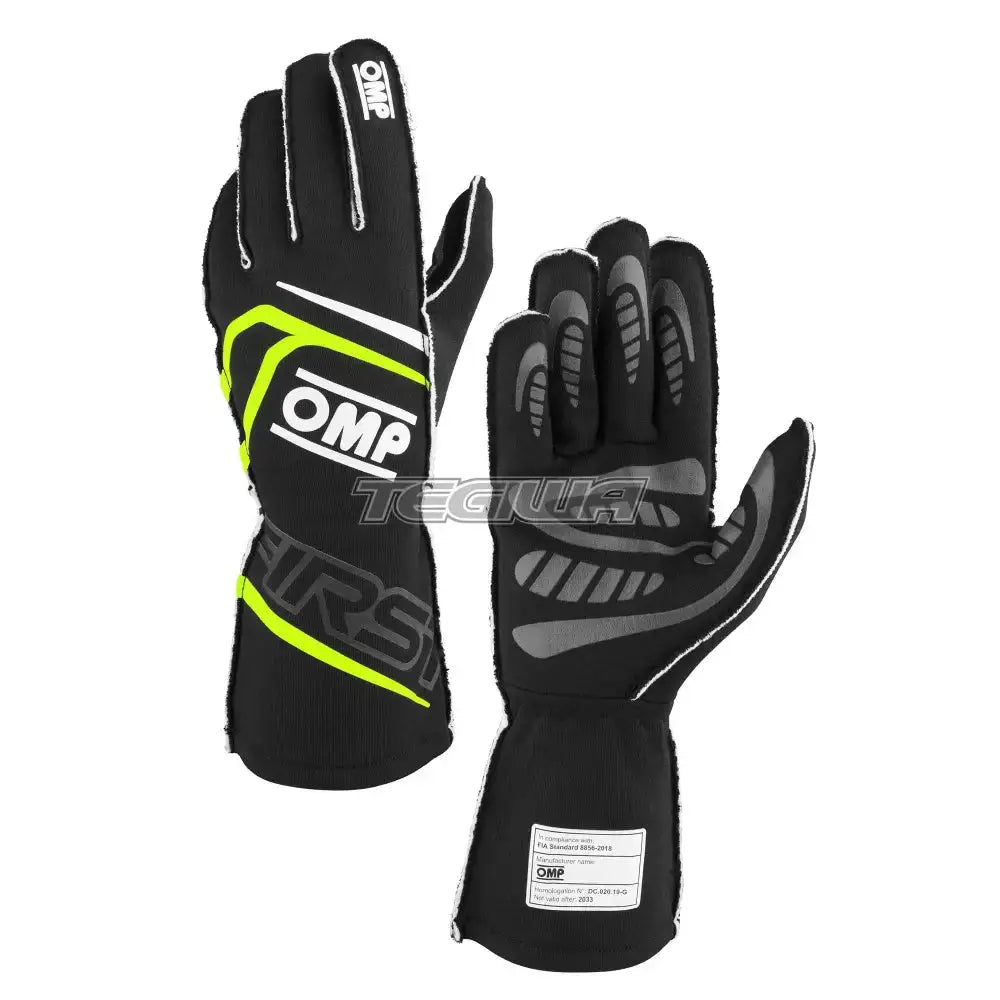 OMP First Gloves FIA 8856-2018 Black / Fluorescent Yellow / L Gloves