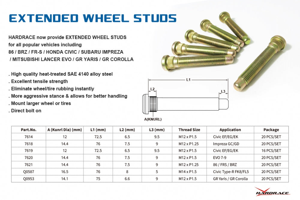 Hardrace Extended Wheel Studs Toyota GR Yaris 20+
