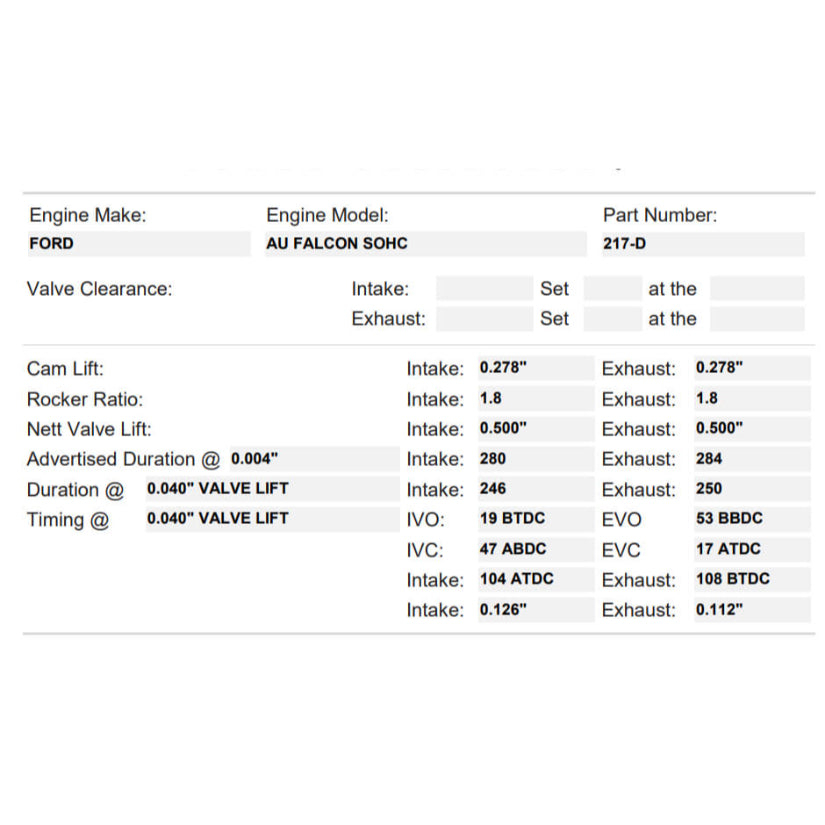 Kelford Cams 221/224 Dirt Oval Cam Ford Falcon AU Performance