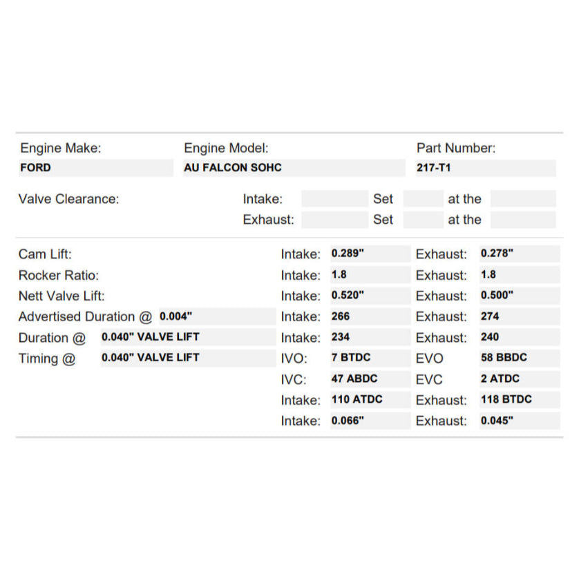 Kelford Cams 210/215 High HP Cam Ford Falcon AU Performance Turbo