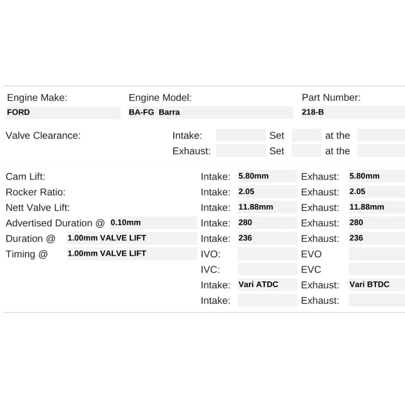 Kelford Cams 280-274/280 Race Cams Ford Barra BA FG Falcon 6 Cylinder