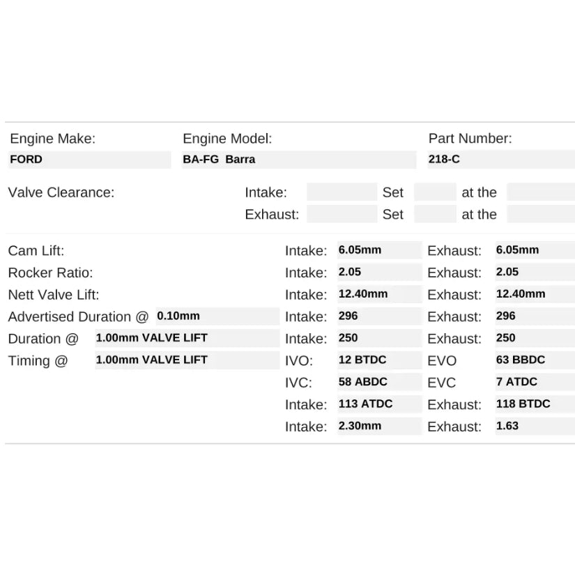 Kelford Cams 296-290/296 Drag Race Cams Ford Barra BA FG Falcon 6 Cylinder