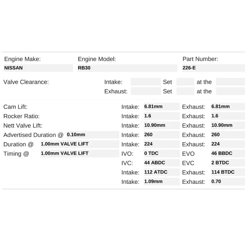 Kelford Cams 260/260 Road Cam Nissan RB30E SOHC Turbo