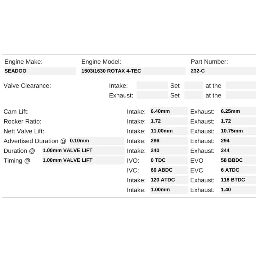 Kelford Cams 286/294 High Performance Cam Sea-Doo 1503 1630 Rotax 4-TEC Turbo