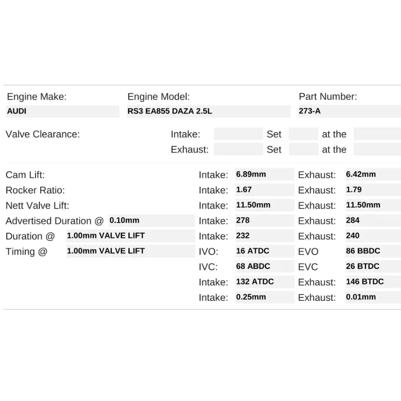 Kelford Cams 278/284 Stage 1 High Performance Cam Audi 2.5 TFSi DAZA/DNWA RS3 TTRS RSQ3