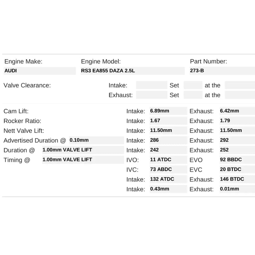 Kelford Cams 286/292 Drag Race Cams Audi 2.5 TFSi DAZA/DNWA RS3 TTRS RSQ3