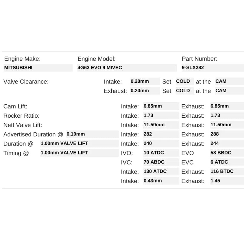 Kelford Cams 282/288 Performance Time Attack/Drag Race Cams Mitsubishi 4G63 EVO 9 Solid Lifter