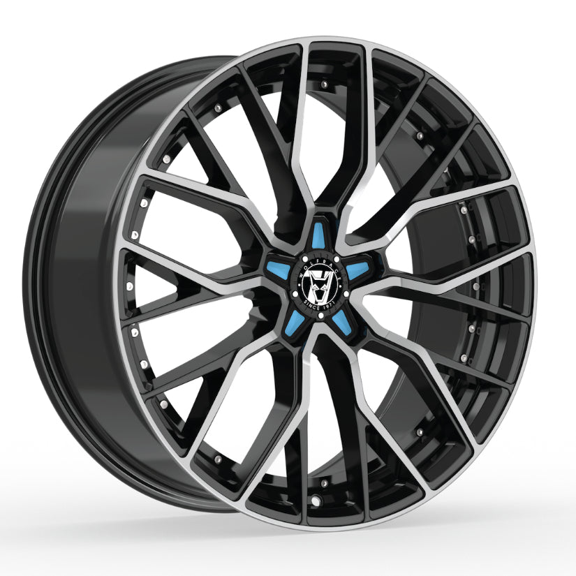 Wolfrace 71 Munich GTR Alloy Wheel 19x8.5 ET40 5x108 Gloss Raven Black Polished Blue Inserts 110mm CB
