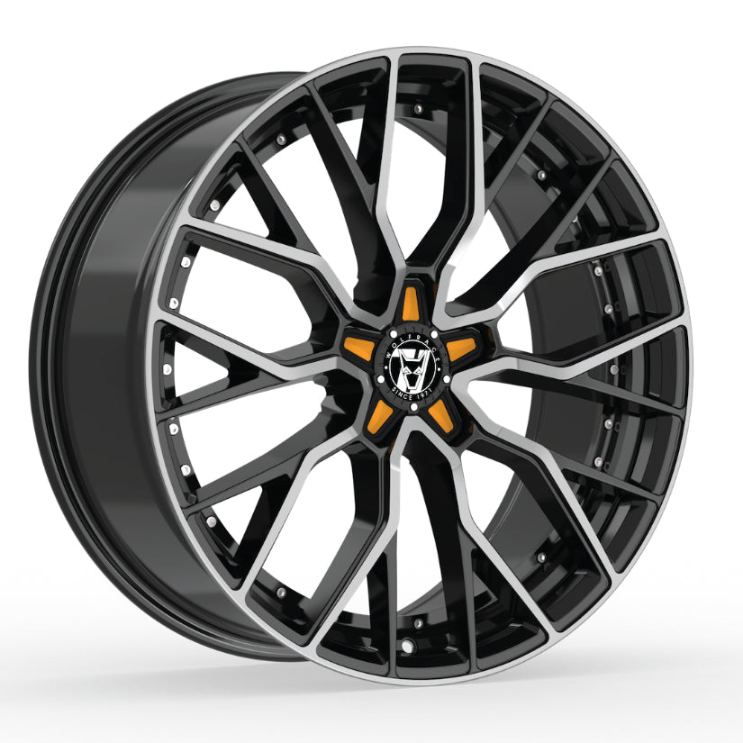 Wolfrace 71 Munich GTR Alloy Wheel 19x8.5 ET40 5x114 Gloss Raven Black Polished Orange Inserts 110mm CB