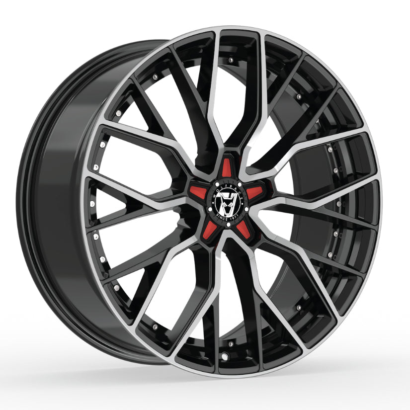 Wolfrace 71 Munich GTR Alloy Wheel 19x8.5 ET40 5x118 Gloss Raven Black Polished Red Inserts 110mm CB