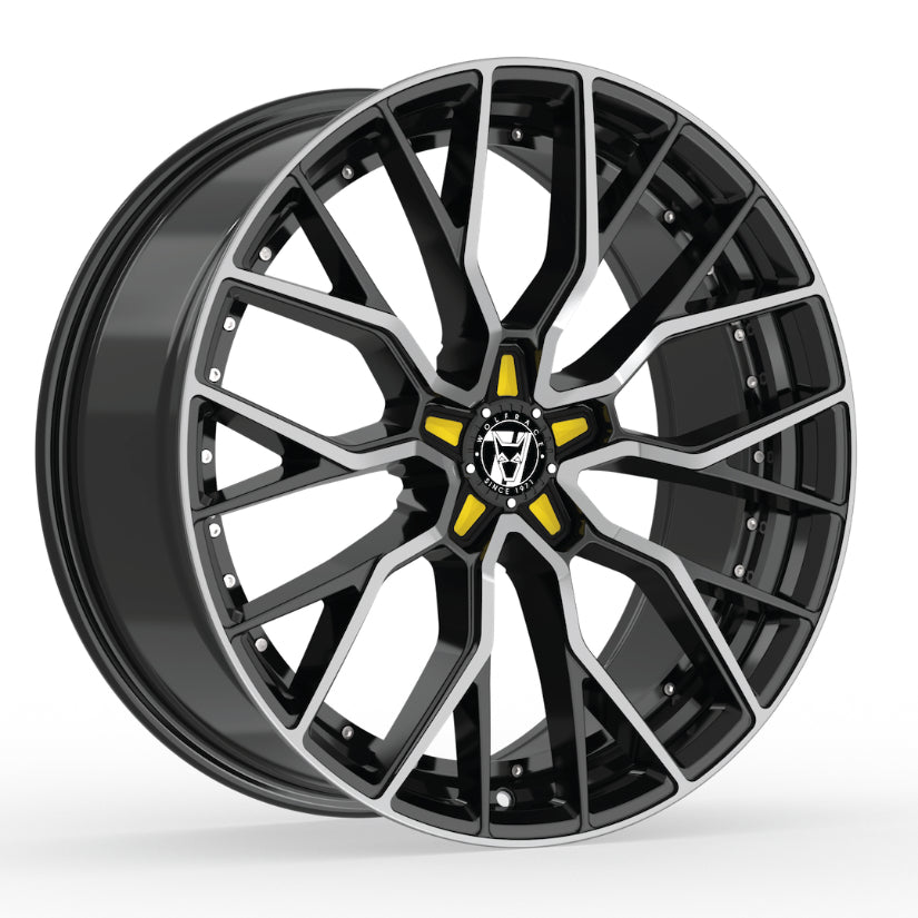 Wolfrace 71 Munich GTR Alloy Wheel 19x8.5 ET40 5x108 Gloss Raven Black Polished Yellow Inserts 110mm CB