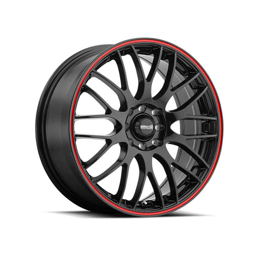 Maxxim Maze Alloy Wheel 17x7 ET40 5x110, 5x115 Gloss Black Red Stripe 73.1mm CB