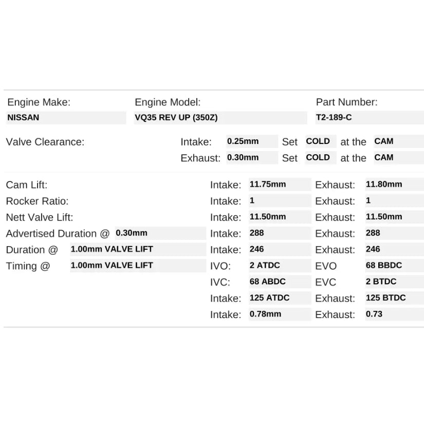 Kelford Cams 288/288 Stage 3 Race Cams Nissan Turbo VQ35 REV UP 350Z
