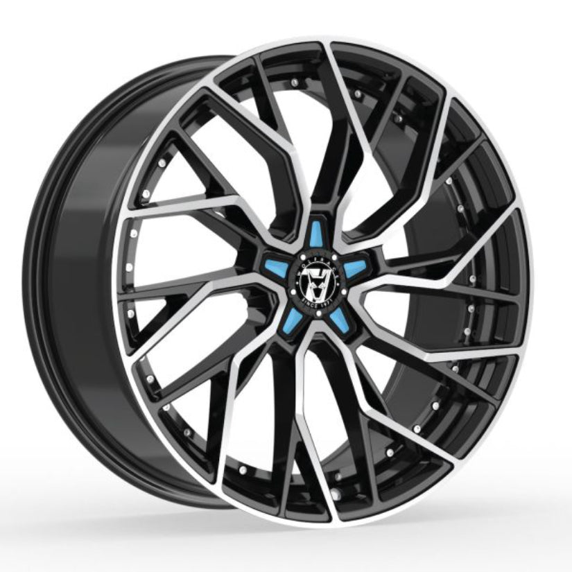 Wolfrace 71 Voodoo Alloy Wheel 20x8.5 ET38 5x115 Gloss Raven Black Polished Blue Inserts 110mm CB