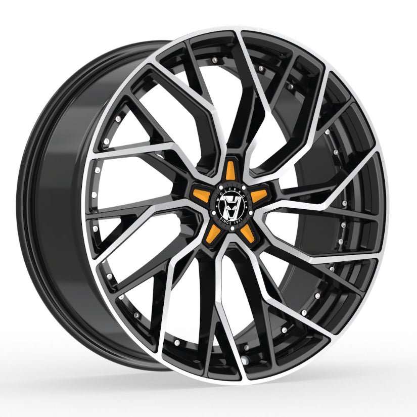 Wolfrace 71 Voodoo Alloy Wheel 20x8.5 ET38 5x118 Gloss Raven Black Polished Orange Inserts 110mm CB