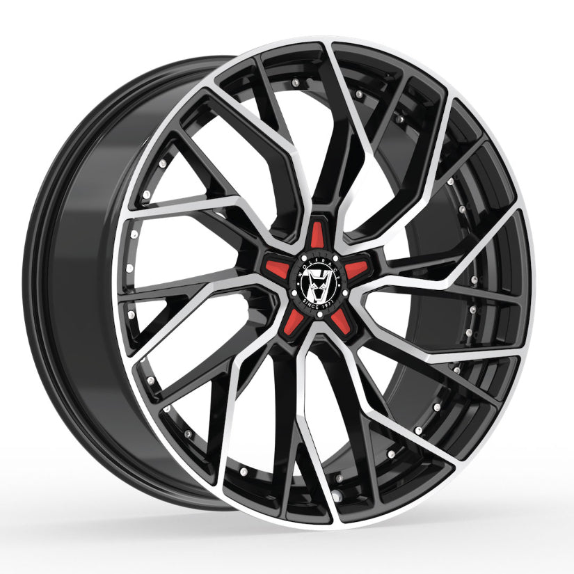 Wolfrace 71 Voodoo Alloy Wheel 20x8.5 ET38 5x112 Gloss Raven Black Polished Red Inserts 110mm CB