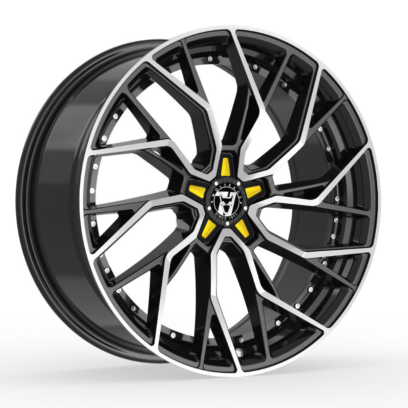 Wolfrace 71 Voodoo Alloy Wheel 20x8.5 ET38 5x118 Gloss Raven Black Polished Yellow Inserts 110mm CB