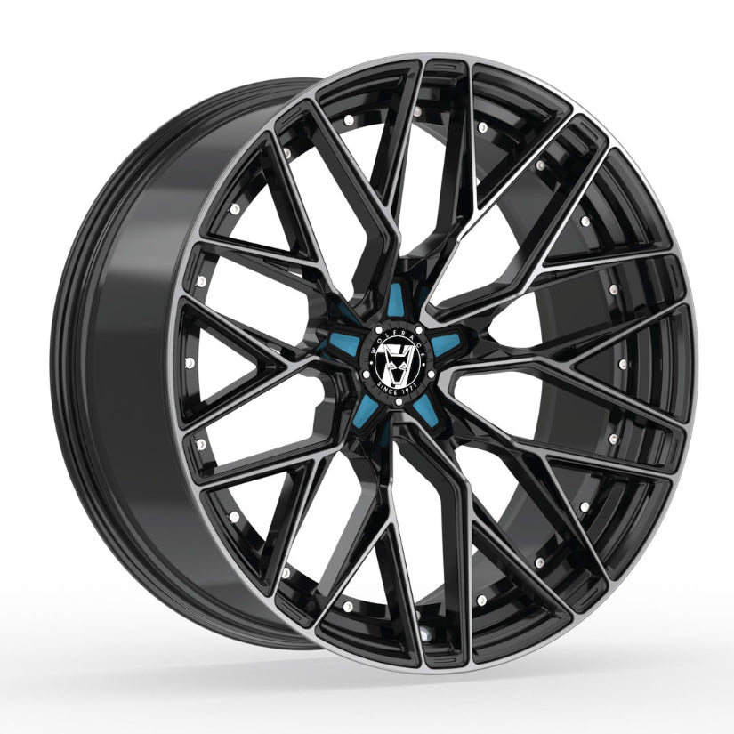 Wolfrace 71 Wolfsburg GTR Alloy Wheel 20x9.5 ET38 5x114 Gloss Raven Black Polished Blue Inserts 110mm CB