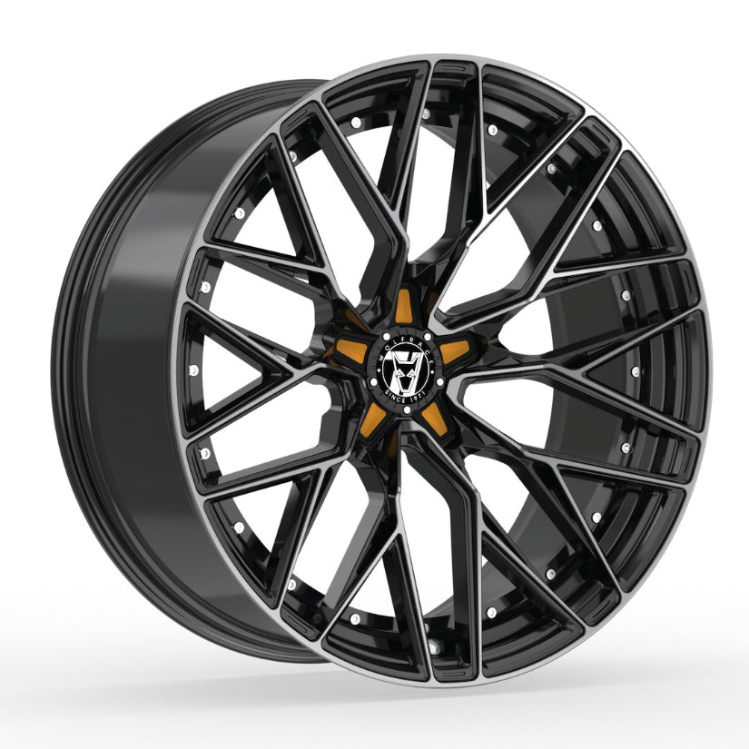Wolfrace 71 Wolfsburg GTR Alloy Wheel 18x8.5 ET38 5x108 Gloss Raven Black Polished Orange Inserts 110mm CB