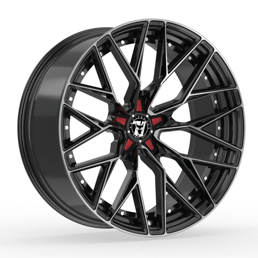 Wolfrace 71 Wolfsburg GTR Alloy Wheel 18x8.5 ET38 5x112 Gloss Raven Black Polished Red Inserts 110mm CB