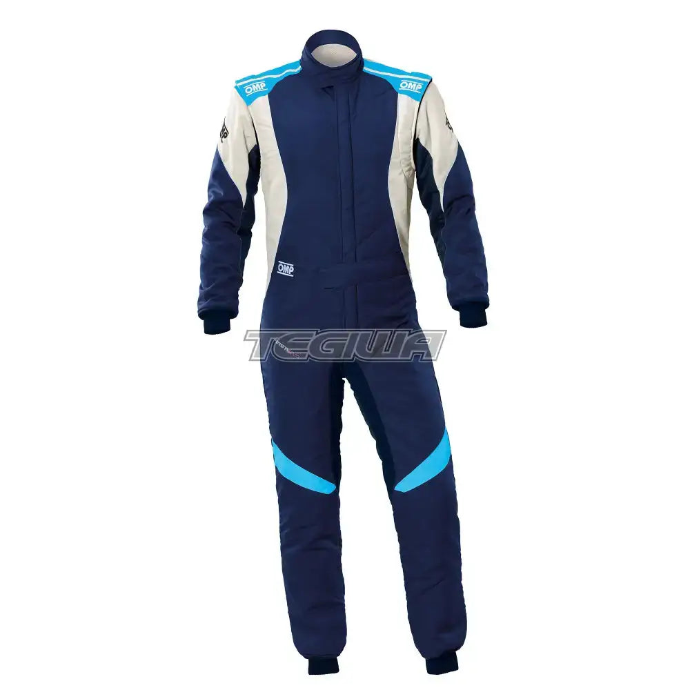 OMP First Evo my2025 Overall FIA 8856-2018 Navy Blue / Cyan / EU Size 42 Suits