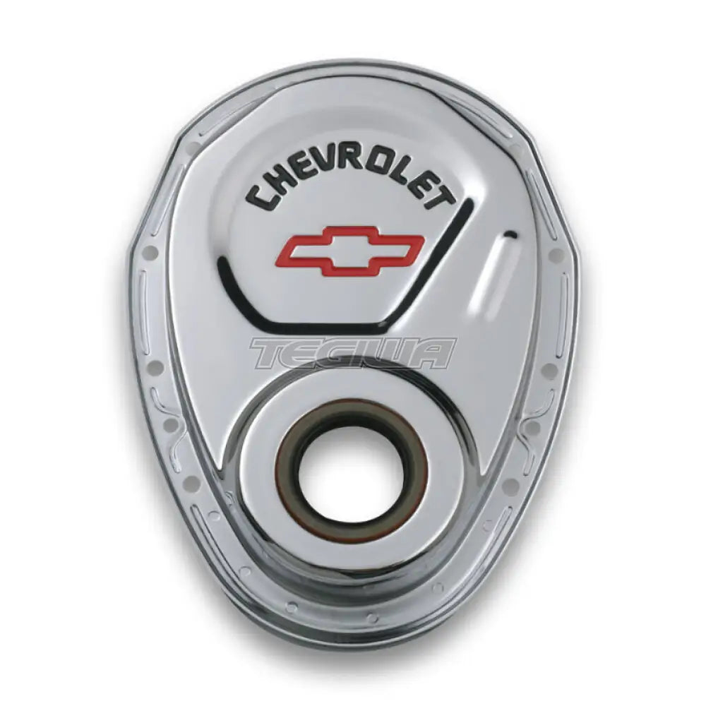 Proform Chrome Timing Chain Cover Red Bowtie Black Lettering Chevrolet Small Block V8 58-91