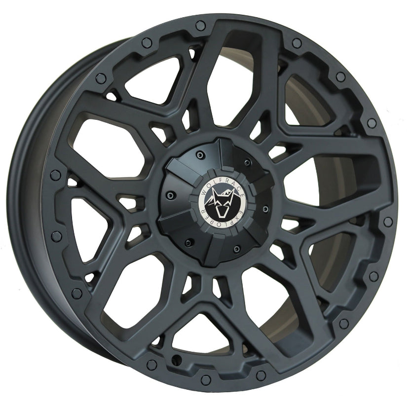 Wolfrace Explorer Sahara Alloy Wheel 18x8.5 ET35 5x112 Matt Black Black Rivets 110mm CB